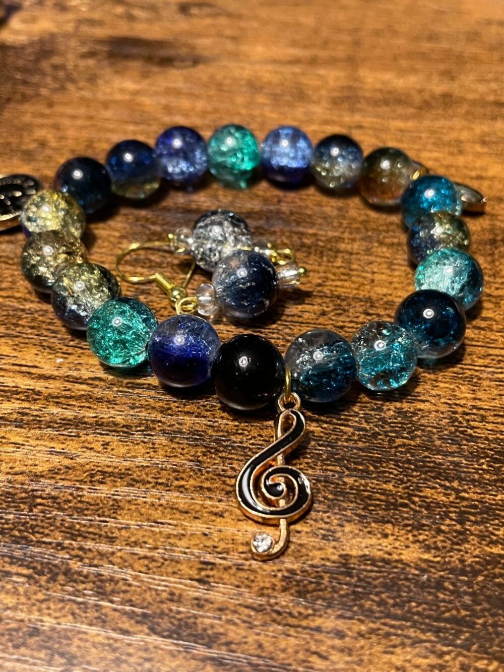 Celestial Galaxy Crackle Glass Stretch Bracelet & Earring Set | Music Note